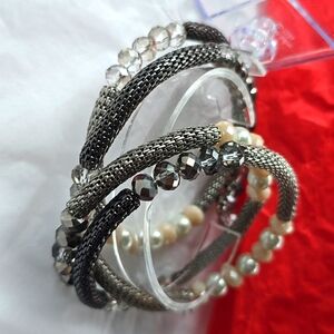 Stretch wrap around mesh metal beaded one size pink white silver gray bracelet
